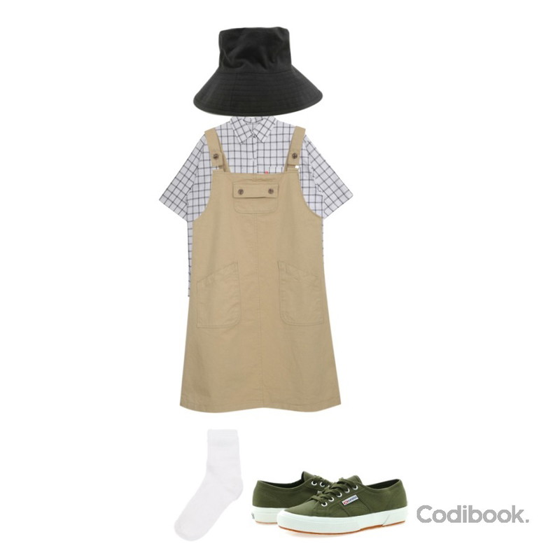 TWEE 앙고라 socks,myblin 포켓 포인트 멜빵 원피스,GIRLS RULE 바둑이 체크 남방 (nb286)등을 매치한 코디