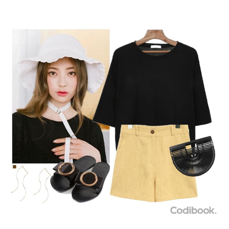 common unique [ACC] HOOKED NEEDLE UV HAT,Zemma World Text-베이직티셔츠[size:44~통통66 / 4color],common unique [BOTTOM] LINEN BANDING HIGH SHORTS등을 매치한 코디