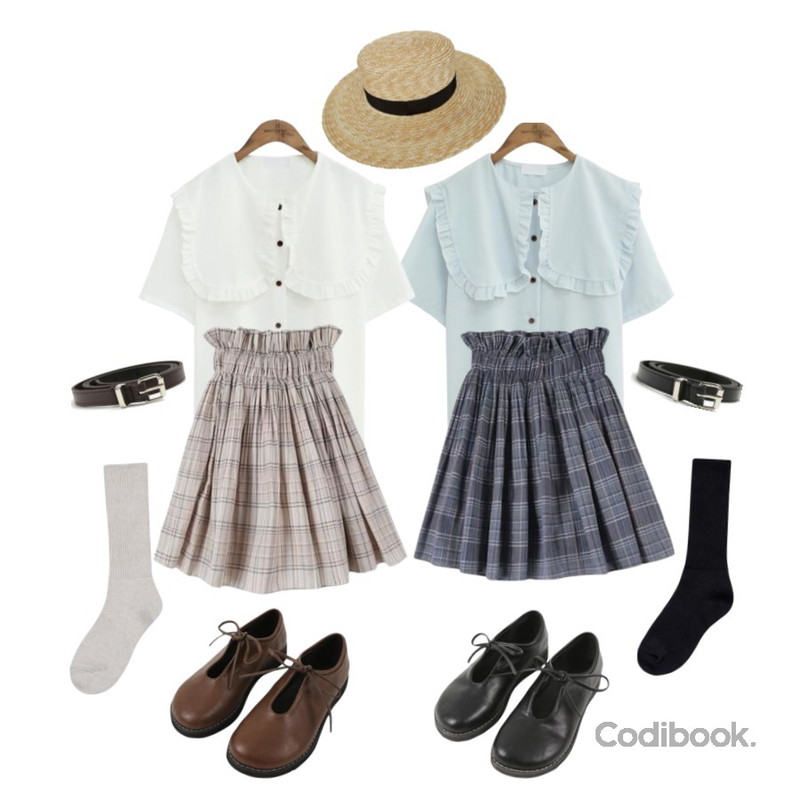 common unique [TOP] SUMMER FRILL SAILOR BLOUSE,common unique [TOP] SUMMER FRILL SAILOR BLOUSE,MINIBBONG 해피 린넨체크 미니스커트등을 매치한 코디