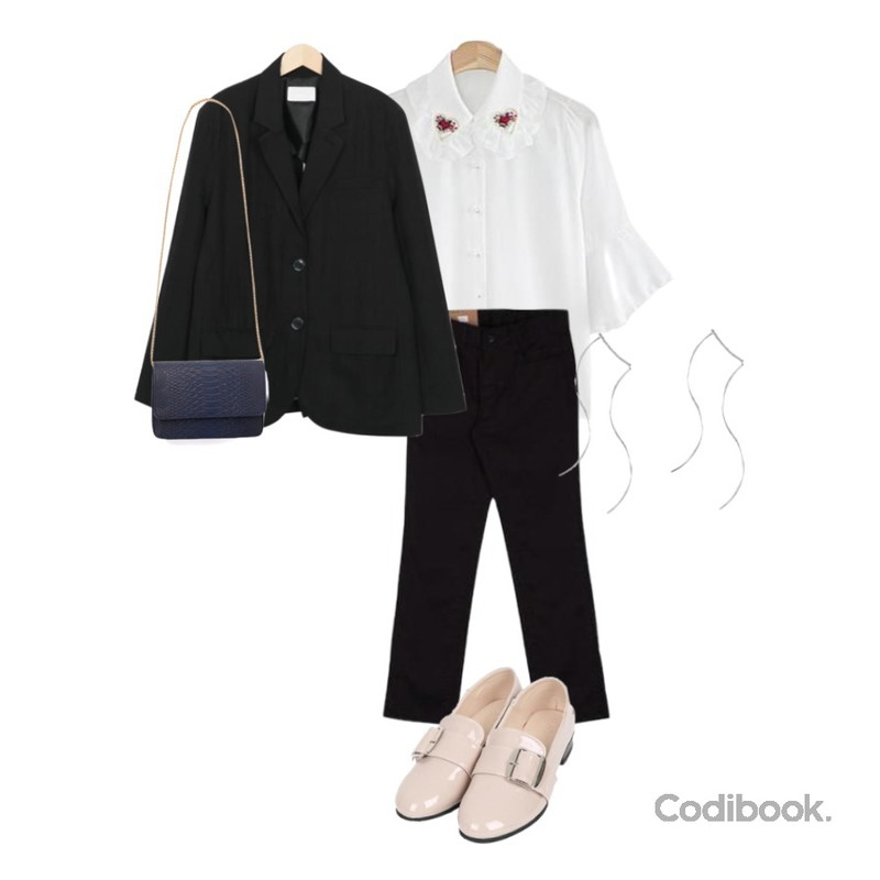From Beginning Steady linen jacket_M (size : free),LINDA GIRLS 레아 프릴 블라우스 (2color),MESMIN 소이 코튼 pt (4color)등을 매치한 코디