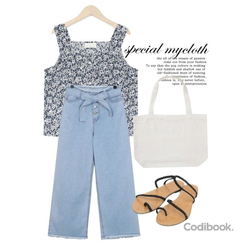 Untitled,From Beginning Fine floret button sleeveless_M (size : free),From Beginning Belt button wide denim_B (size : S,M)등을 매치한 코디