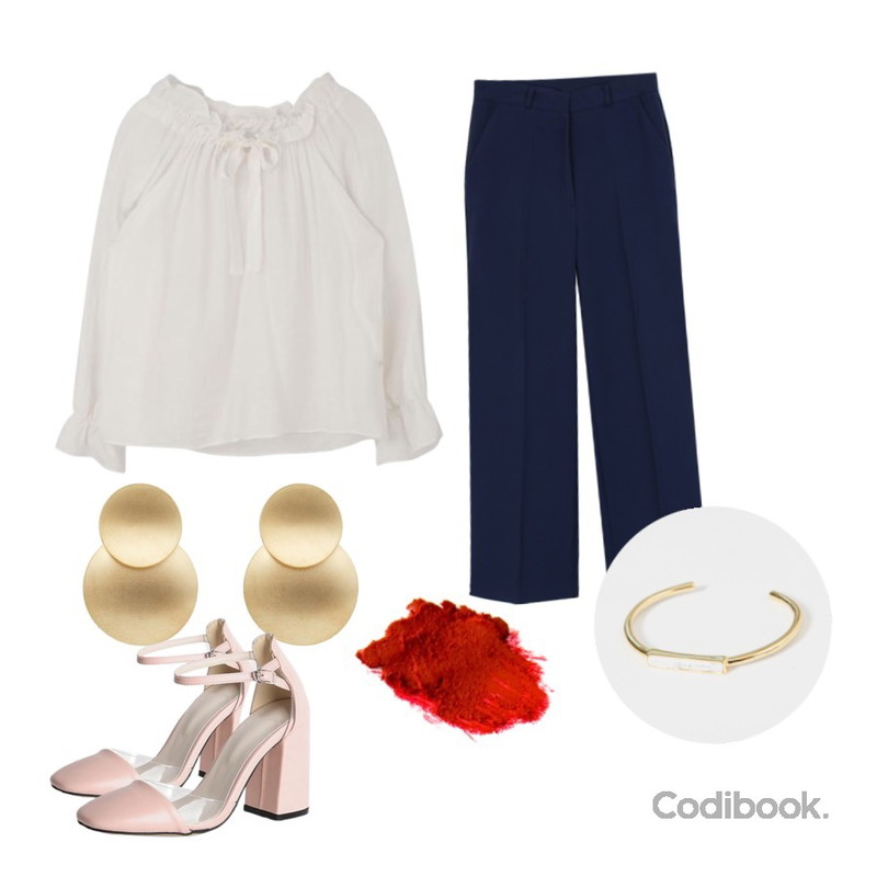 biznshoe Highwaist wide slacks (2color),MIXXMIX 도도 오프숄더 블라우스,TWEE Double button earring등을 매치한 코디