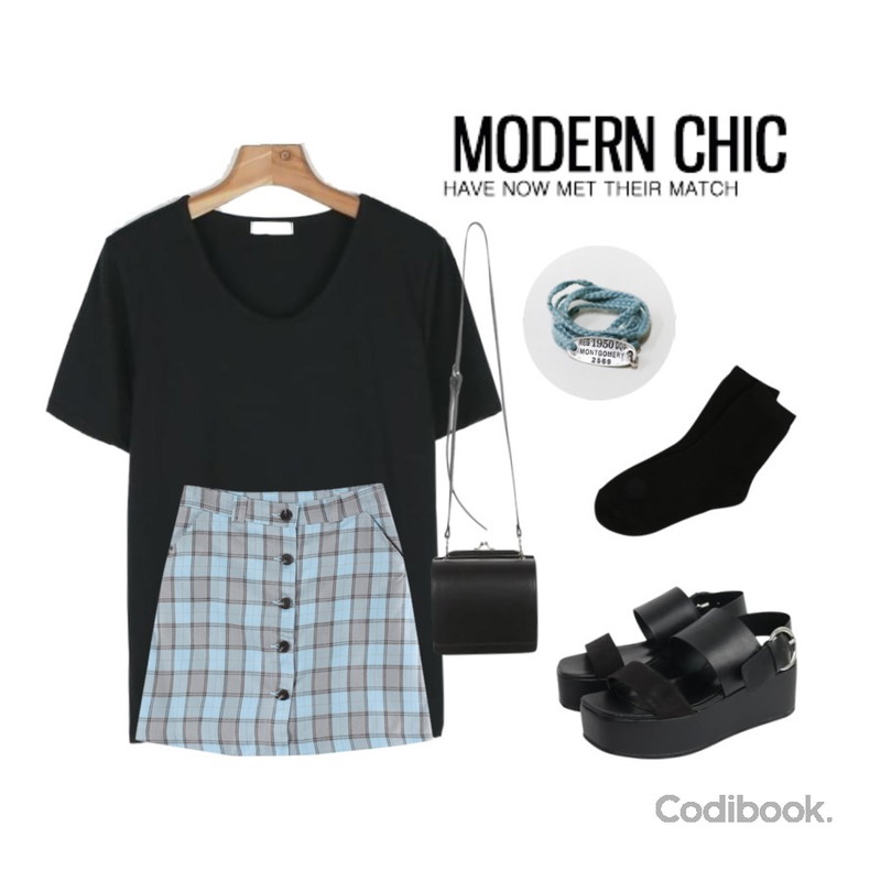 Untitled,LINDA GIRLS 캔디 체크 스커트 (2color),daily monday Daily soft u-neck tee등을 매치한 코디