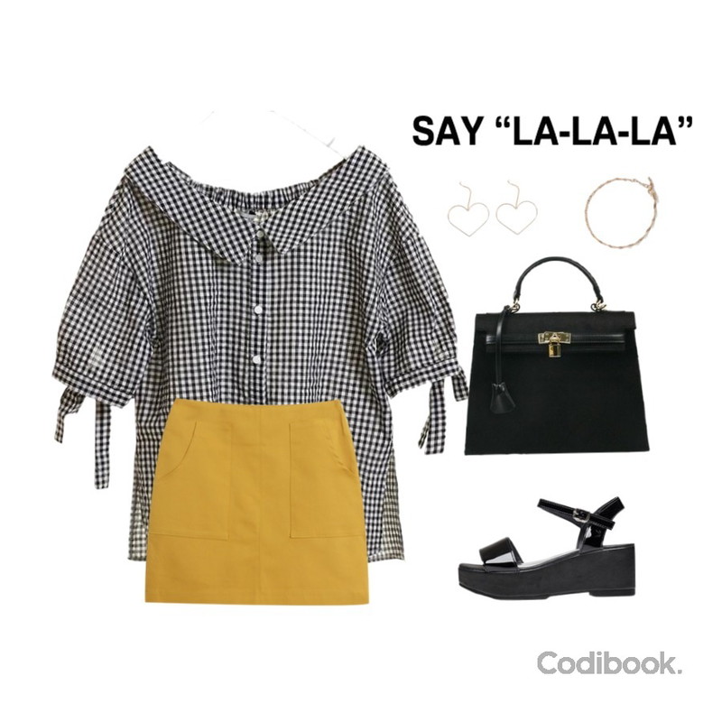 MIND ME 에나멜 플랫폼 샌들 (2color),TODAY ME [skirt]잇걸 스커트,TWEE Ribbon check off shoulder blouse등을 매치한 코디