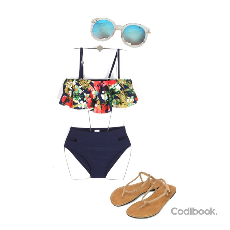 BULLANG GIRL 플라워프릴 비키니,Zemma World WORSHIP (썬글),AIN beach rope strap sandal (6 colors)등을 매치한 코디