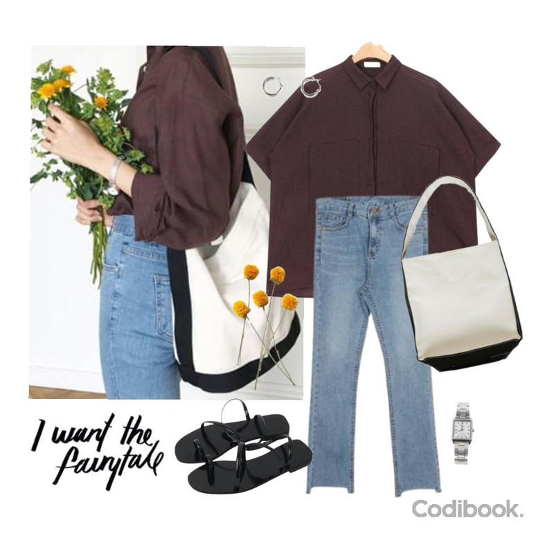 MESMIN 언발컷팅 데님pt,From Beginning Snap cotton cylinder bag_K(size : one),AIN need stripe raglan half shirts등을 매치한 코디