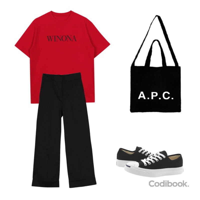 BANHALA 세레나데 백,biznshoe Winona tee (3color),MESMIN 제제 롤업 코튼 pt (3color)등을 매치한 코디