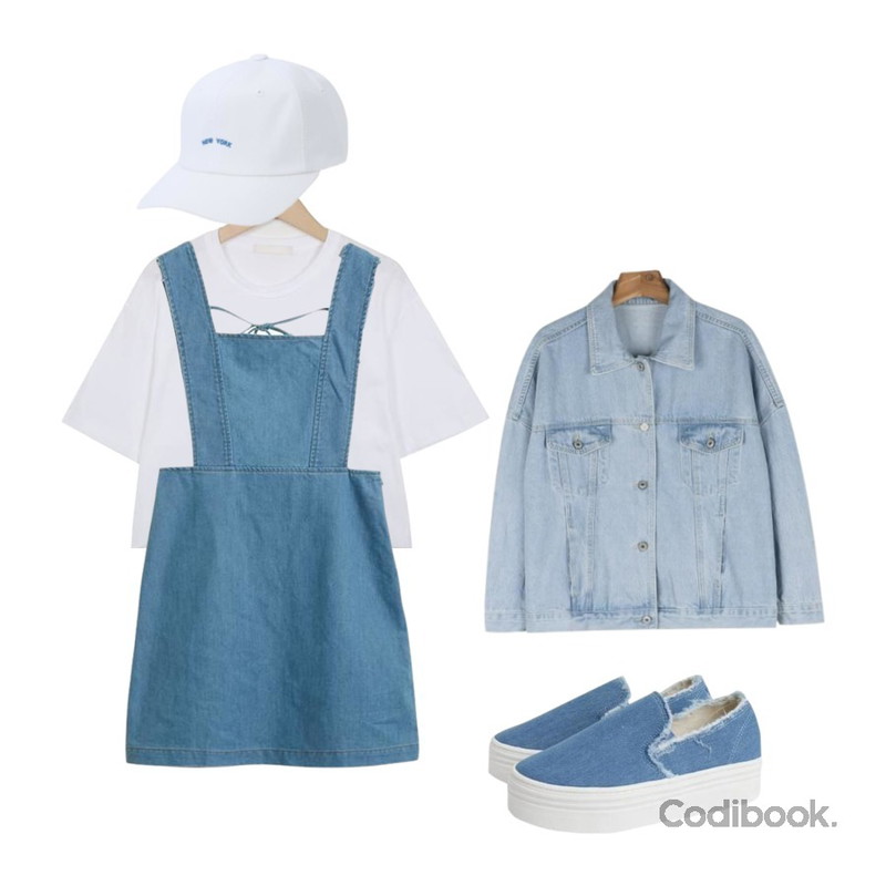 daily monday Casual light denim jacket,TWEE Back ribbon denim onepiece,From Beginning Banana crop T_H (size : free)등을 매치한 코디