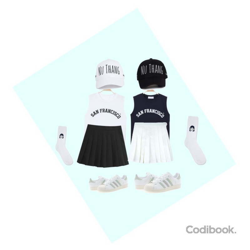 Sky Blue,myblin 샌프란시스코 프린팅 나시  (3color),myblin 샌프란시스코 프린팅 나시  (3color)등을 매치한 코디