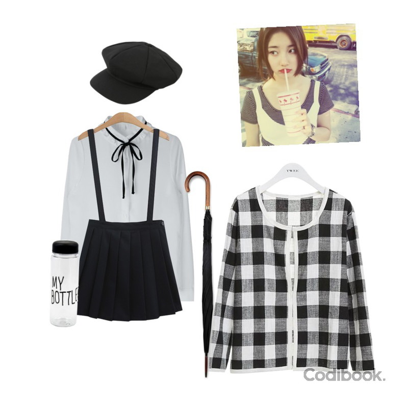 TODAY ME [skirt]멜빵 테니스 스커트,MIXXMIX 라라 리본 블라우스,TWEE Pattern linen jacket등을 매치한 코디