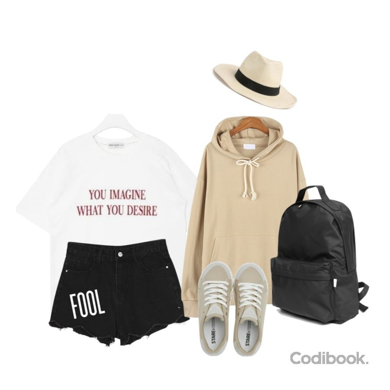 BANHALA 놀러와 후드티,AIN FRESH A velvet lettering T (2 colors),BANHALA 바닷물결 팬츠등을 매치한 코디