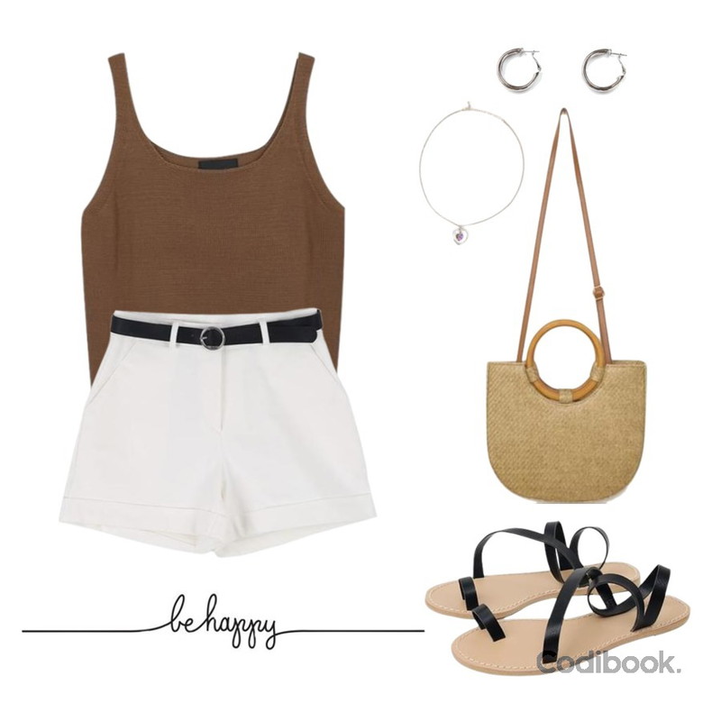 AIN wood handle basket bag (2 colors),myblin 심플 니트 슬리브리스 (5color),LOOK CHIC belt set rollup shorts (2 color)등을 매치한 코디