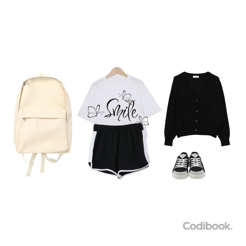 biznshoe V-line cardigan (2color),MIXXMIX 라인 트레이닝 숏팬츠,From Beginning Banana crop T_H (size : free)등을 매치한 코디