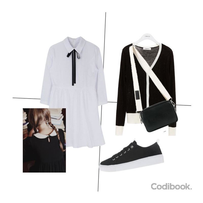 Quarter,TWEE Color line slim cardigan,MIXXMIX 퓨어 리본 원피스등을 매치한 코디