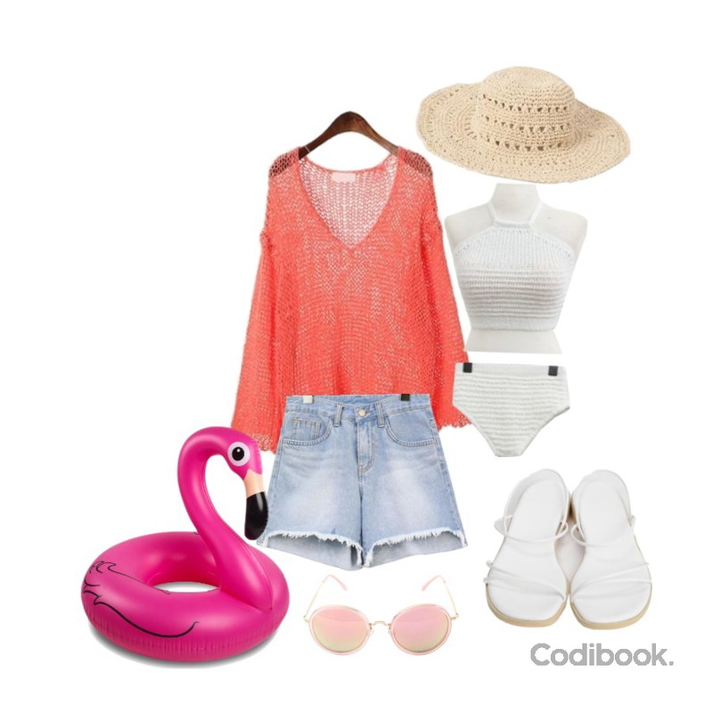 SOMEDAYS 니트홀터 비키니(2color),ROCOSIX berry summer knit,common unique [BOTTOM] COTTON UNBAL FRINGE SHORTS등을 매치한 코디