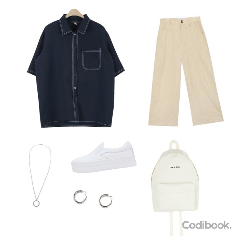 LOVELY SHOES 프리걸 통굽 슬립온 (4cm) 49,900원 -> 39,900원,AIN linen 2 button crop slacks (2 colors),LOOK CHIC make stitch nb (4 color)등을 매치한 코디