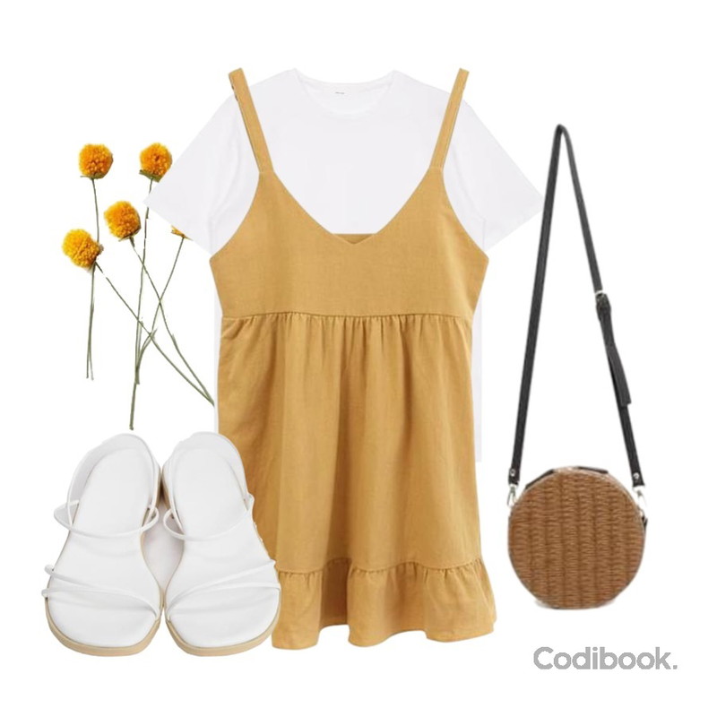 yellow flower,HI RIT 쿠우_나시프릴원피스,biznshoe Half sleeve tee (6color)등을 매치한 코디