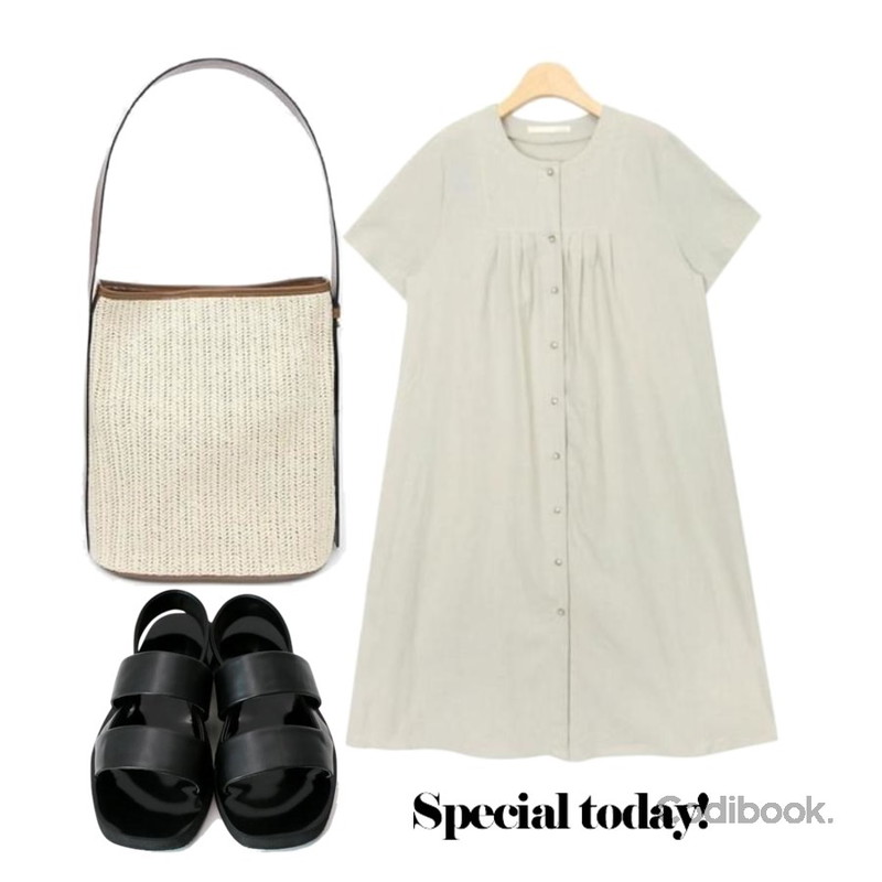 AIN rattan bucket bag (2 colors),AIN nature linen long ops,daily monday Two strap easy sandal등을 매치한 코디