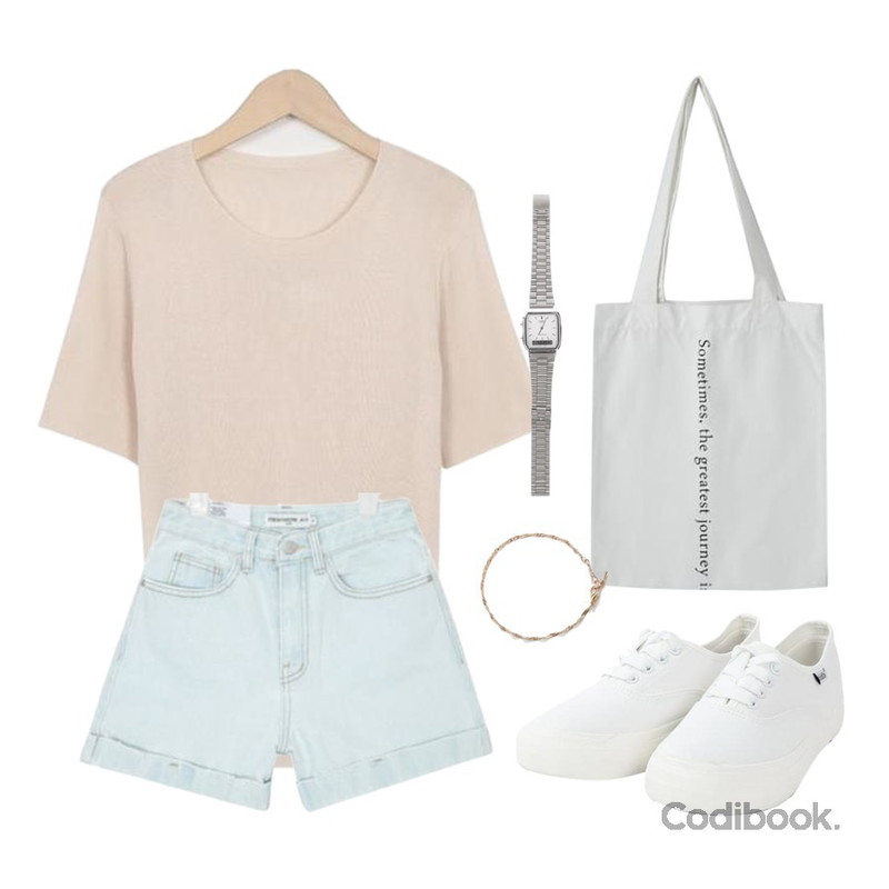 From Beginning Melon round half knit_K(size : free),AIN SHALOM highwaist short pants (2 colors),myblin 에브리 데이 스니커즈 (4color)등을 매치한 코디