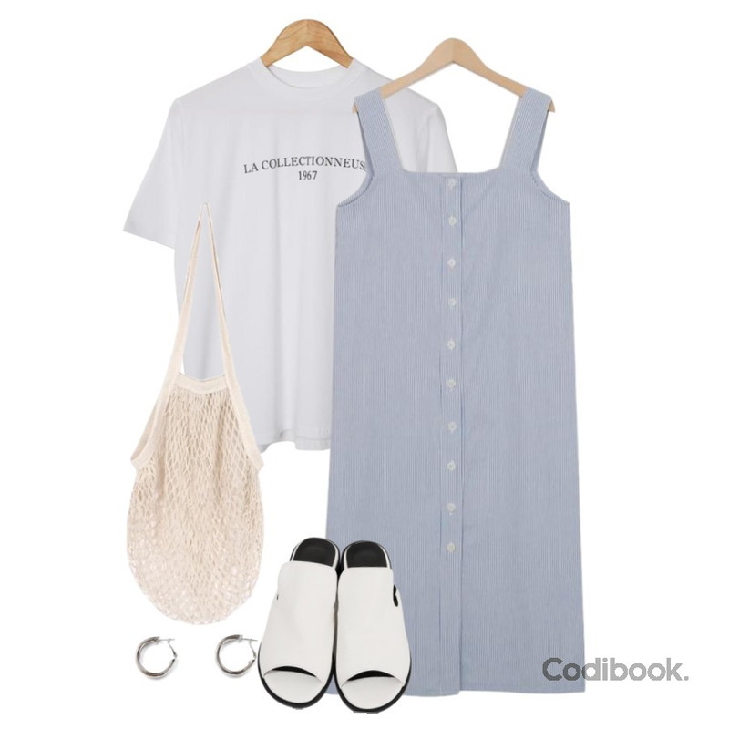 From Beginning Soft cover midi slipper_M (size : 225,230,235,240,245,250),AWAB LA라운드티,From Beginning Made_ops-097_stripe button ops (size : free)등을 매치한 코디