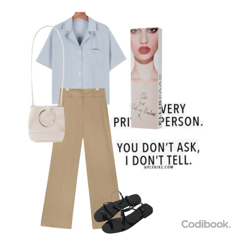 very private person,daily monday Color v-neck linen shirts,AIN mild touch highwaist long slacks (3 colors)등을 매치한 코디