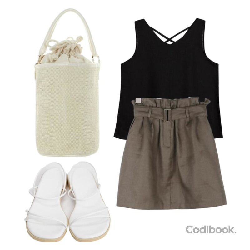 From Beginning Light string sandal_H (size : 225,230,235,240,245,250),BANHALA 베리머치 나시,daily monday Waist band mini skirts등을 매치한 코디