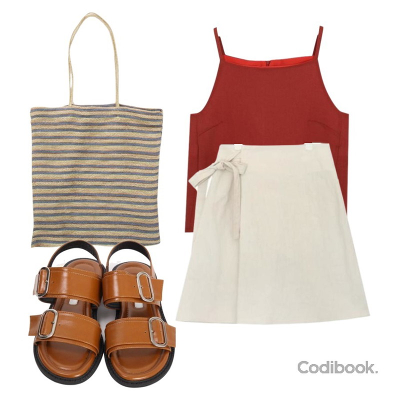 From Beginning Wear linen square top_K(size : free),From Beginning Multi stripe rope bag_M (size : one),AIN melody pure wrap skirt (s, m)등을 매치한 코디