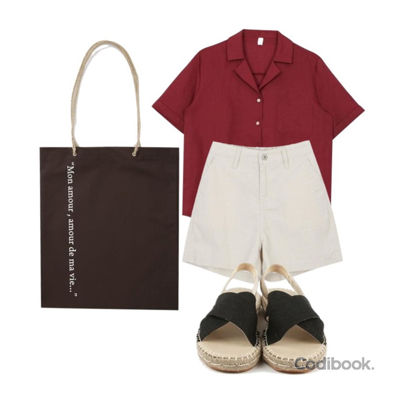 biznshoe Linen collar shirt (6color),myblin 뒷 밴딩 린넨 숏 팬츠 (3color),From Beginning Rope lettering bag_K(size : one)등을 매치한 코디