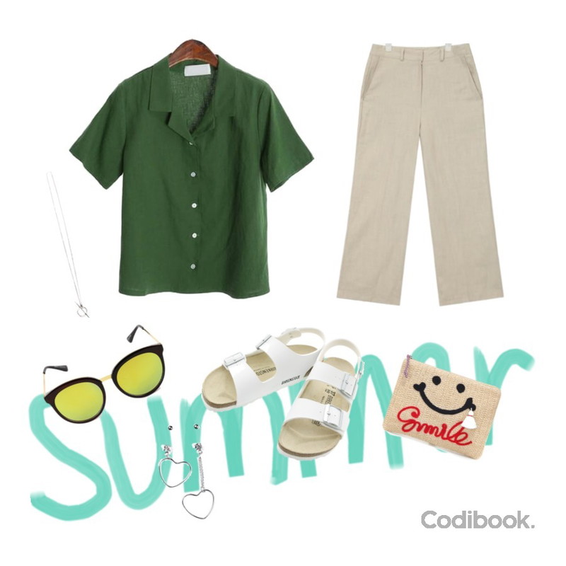 Summer,AIN semi crop linen slacks (2 colors),ROCOSIX linen half shirts등을 매치한 코디