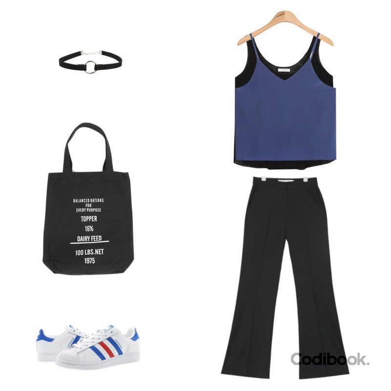 AIN silky texture simple bustier (4 colors),Player 아디다스 슈퍼스타 화이트블루레드 (ADIDAS SUPERSTAR),biznshoe Linen sleeveless (4color)등을 매치한 코디
