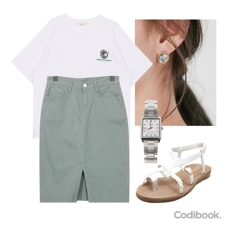biznshoe Twist strap sandal (3color),From Beginning Star piece earring_M (size : one),biznshoe Journey boxy tee (2color)등을 매치한 코디