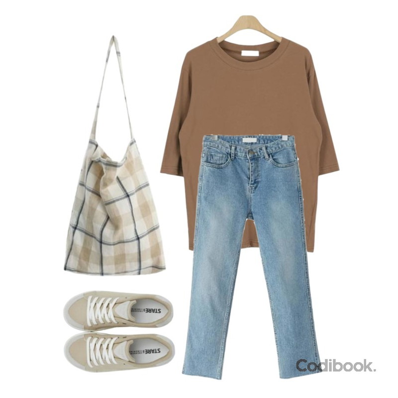 MIXXMIX 베데스 베이지,ROCOSIX check linen ecobag,LOOK CHIC sweet loose tee (3 color)등을 매치한 코디