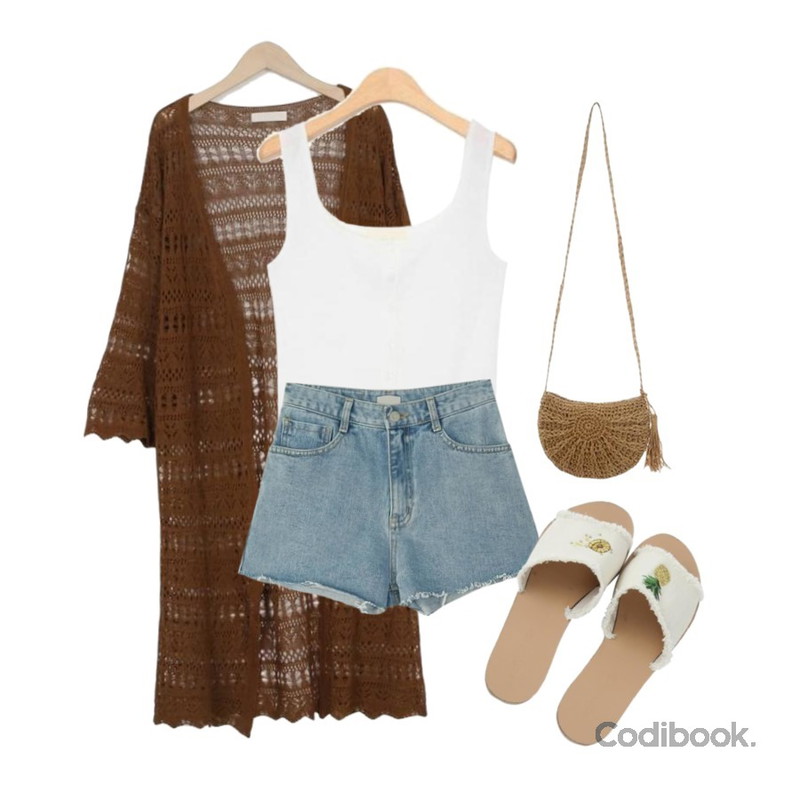 From Beginning Summer net long cardigan_M (size : free),BANHARU light blue high shorts,AIN simple front button knit sleeveless등을 매치한 코디