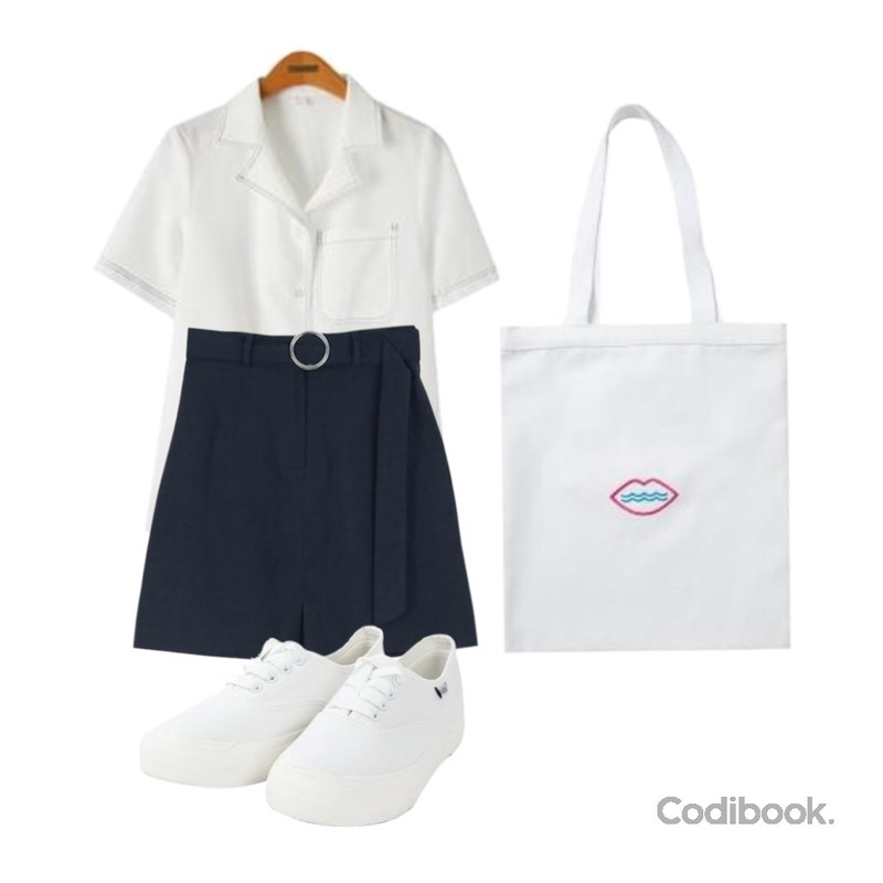 myblin 에브리 데이 스니커즈 (4color),LOOK CHIC belt linen skirts (3 color),Reine 캔디걸 스티치 블라우스등을 매치한 코디