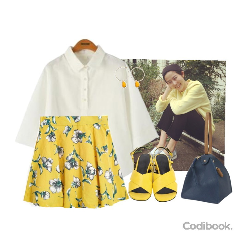 -,TWEE Floral flare skirt,Reine 내추럴 린넨 블라우스등을 매치한 코디