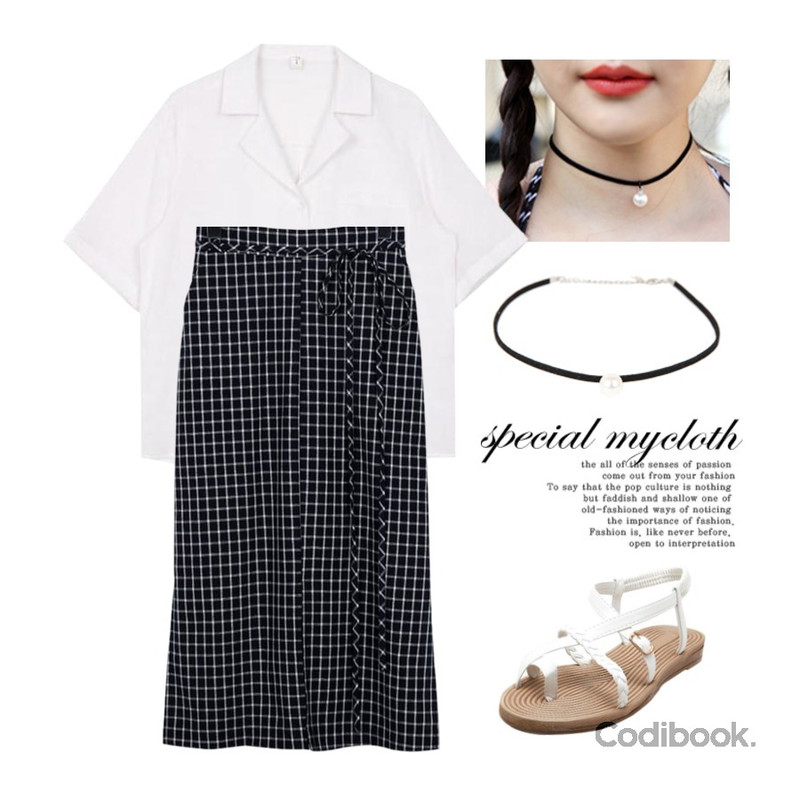 BULLANG GIRL 세무진주 초커,biznshoe Half collar shirt (6color),From Beginning Signal check wrap skirt_S (size : free)등을 매치한 코디