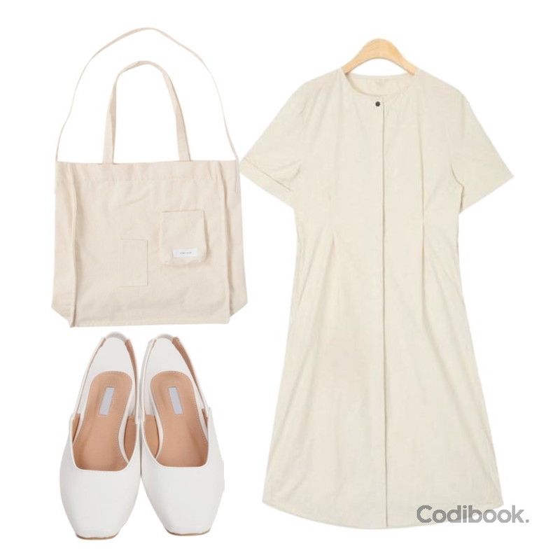 From Beginning Two pocket cotton eco bag_A  (size : one),From Beginning (굽 7cm 추가)Foggy color slingback shoes_K(size : 230,235,240,245,250),AIN simple french ops등을 매치한 코디