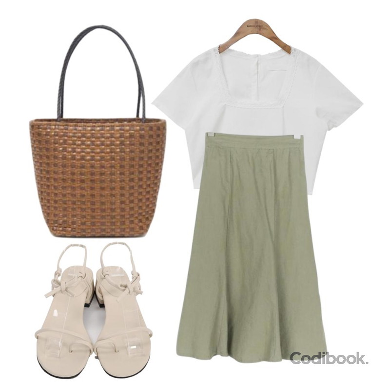 common unique [TOP] LINEN LACE NECK MINI 1/2 BLOUSE,AIN mini rattan totebag,daily monday Standard light set등을 매치한 코디