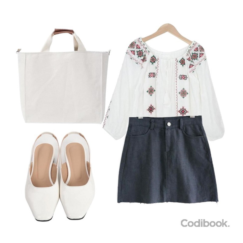myblin 양면 스퀘어 캔버스 백,common unique [SKIRT] A LINE LINEN CUTTING MINI SKIRT,myblin 자수 테슬 리본 블라우스등을 매치한 코디