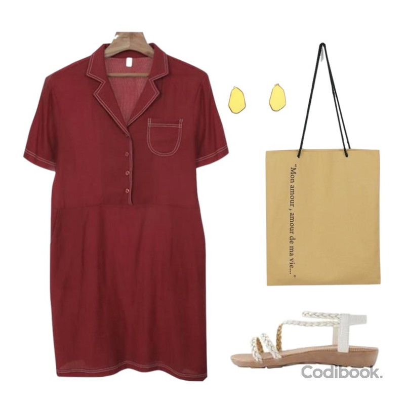 Zemma World Marron-원피스[size:44~66 / 2color],LOVELY SHOES 라델로 슬링백샌들2cm,daily monday Straw lettering eco-bag등을 매치한 코디