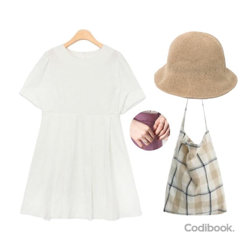 AIN wire bucket hat (2 colors),AIN mate lovable mini ops (3 colors),ROCOSIX check linen ecobag등을 매치한 코디