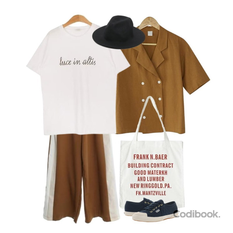 ROCOSIX vog slacks set,BANHARU plain double button shirts,Reine 디엔드플랜 레터링 에코백등을 매치한 코디