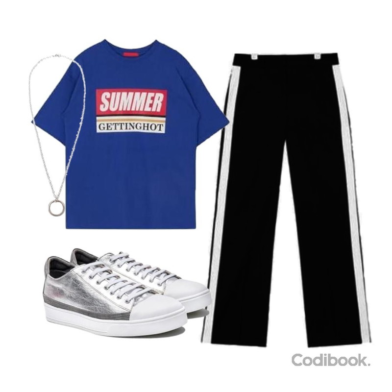 HATISS Newyork Basic Sliver Sneakers,AIN FRESH A track slacks,MIXXMIX 핫 썸머 반팔 티셔츠등을 매치한 코디