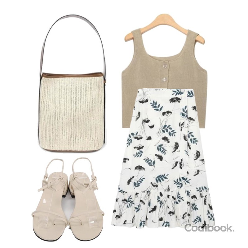 AIN leaves pattern shirring long skirt,From Beginning Hitch rope sandal_H (size : 225,230,235,240,245),AIN both sides sleeveless등을 매치한 코디