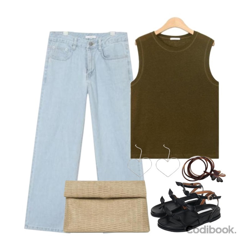 Monobabie [RS4070] 앤츠3.5cm,AIN light fresh wide denim pants (s, m),AIN basic round linen sleeveless등을 매치한 코디