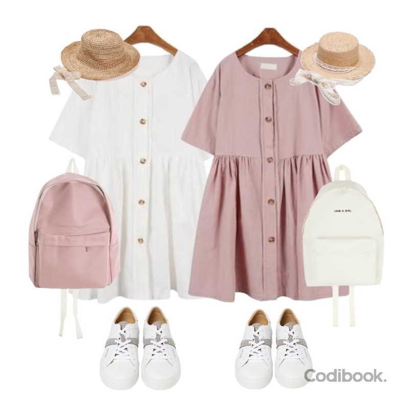 HATISS Swamkybora Gray sneakers,MINIBBONG 포니 왕단추원피스,MINIBBONG 포니 왕단추원피스등을 매치한 코디