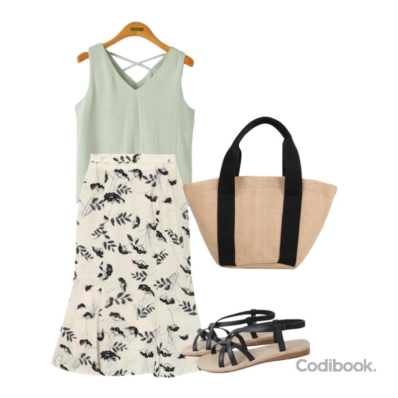AIN clare flower mermaid skirt,myblin 더블 X 스트링 샌들,Reine [기획상품]아일린 크로스 스트링 세트등을 매치한 코디