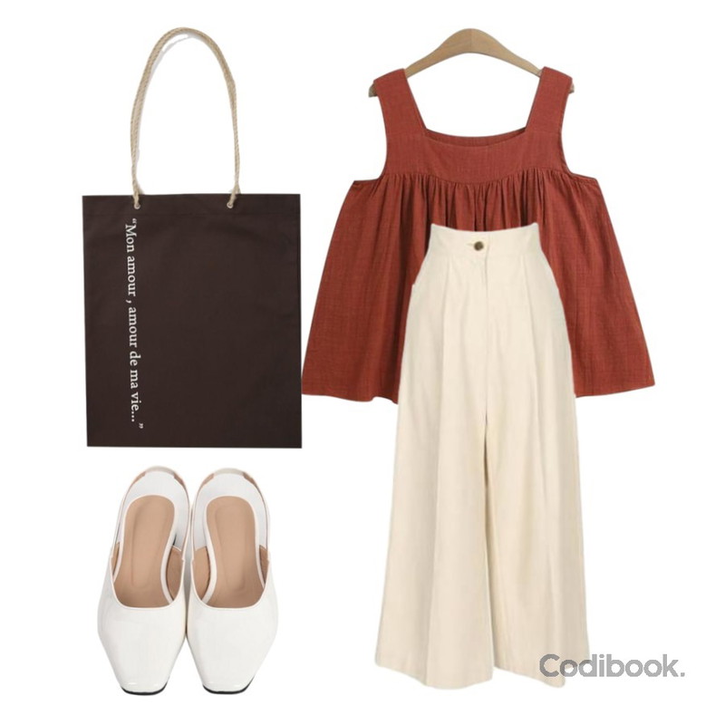 From Beginning Enamel sling-back heel_S (size : 230,235,240,245,250),TODAY ME [sleeveless]달린 나시(스퀘어 셔링 나시 블라우스),BBORAM 썸머 와이드 pt등을 매치한 코디
