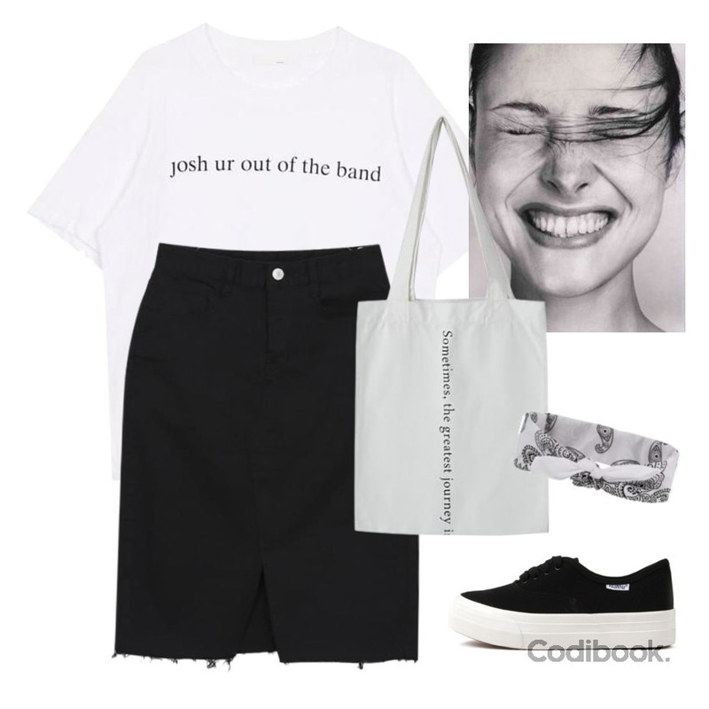 natalie,myblin 쫀쫀 삼각 트임 스커트 (4color),biznshoe Font round tee (2color)등을 매치한 코디
