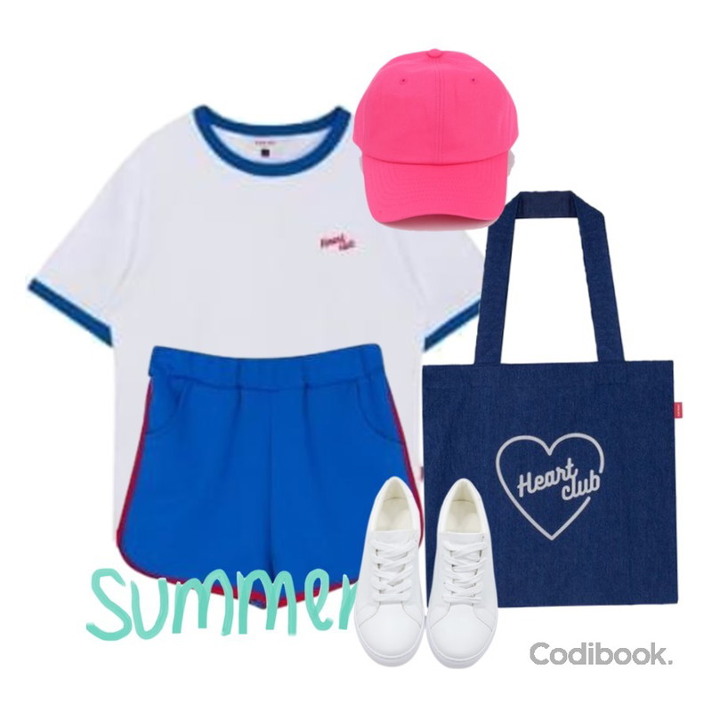 MIXXMIX Heart club 16SC Heart denim eco bag,MIXXMIX Heart coloration top(basic),MIXXMIX Heart coloration shorts등을 매치한 코디